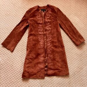 Siena Studio Sued Leather Rust Trench Coat with Floral Embroidery